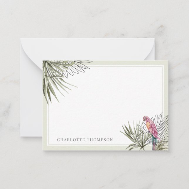 Tropical Green Palm and Parrot Personalised Name Card (Front)