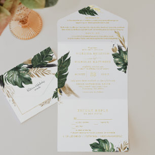 Tropical Green Palm & Banana Leaf Wedding All In One Invitation