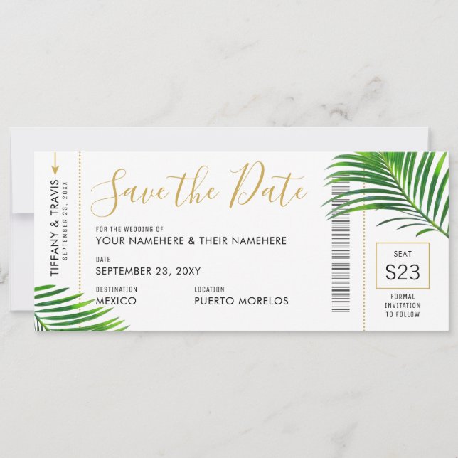 Tropical Green Palm Boarding Pass Save Date Card (Front)