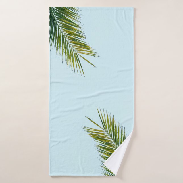 Tropical Green Palm Frond on Light Blue Bath Towel (Bath Towel)