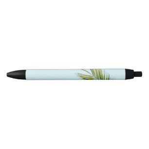 Tropical Green Palm Frond on Light Blue Black Ink Pen