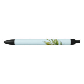 Tropical Green Palm Frond on Light Blue Black Ink Pen
