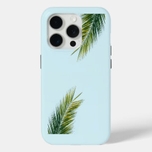 Tropical Green Palm Frond on Light Blue iPhone 15 Pro Case