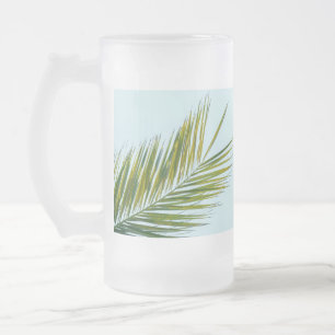 Tropical Green Palm Frond on Light Blue Frosted Glass Beer Mug