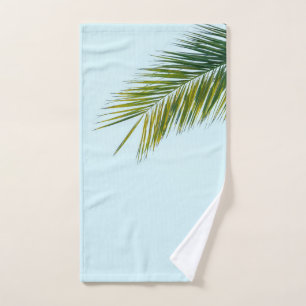 Tropical Green Palm Frond on Light Blue Hand Towel