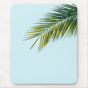 Tropical Green Palm Frond on Light Blue Mouse Mat