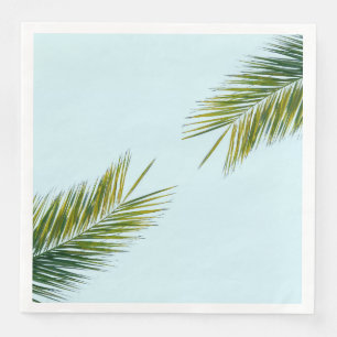 Tropical Green Palm Frond on Light Blue Napkin