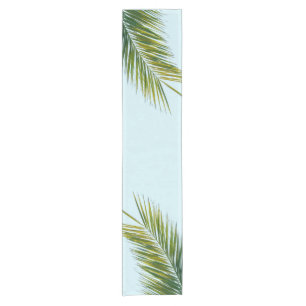 Tropical Green Palm Frond on Light Blue Short Table Runner
