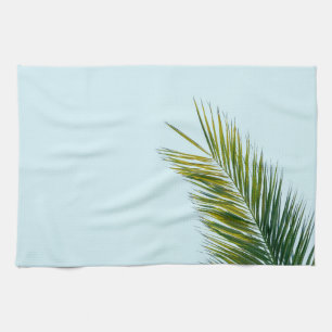 Tropical Green Palm Frond on Light Blue Tea Towel