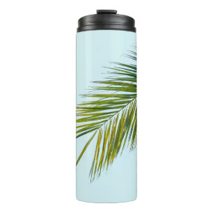 Tropical Green Palm Frond on Light Blue Thermal Tumbler