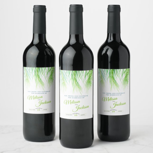 Tropical green palm frond watercolor art wedding wine label (Bottles)