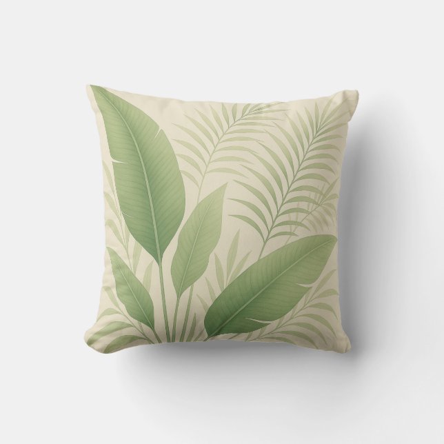 Tropical Green Palm Fronds and Banana Leaves  Cushion (Front)