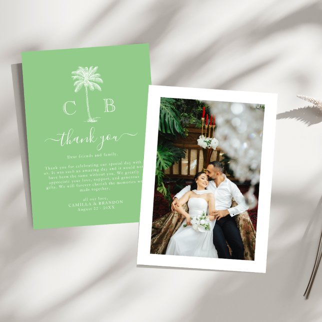 Tropical Green Palm Initials Photo Wedding  Thank You Card (Creator Uploaded)