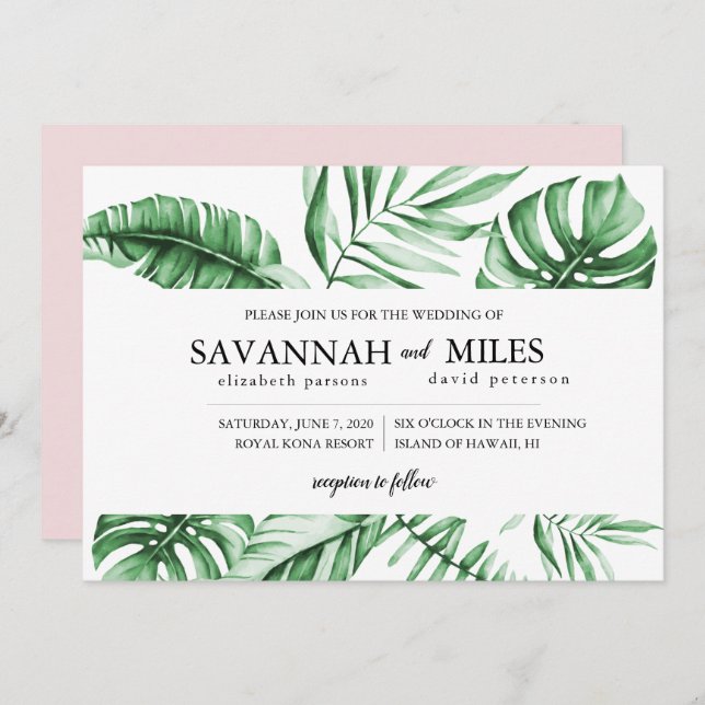 Tropical Green Palm Leaf Border Wedding Invitation (Front/Back)