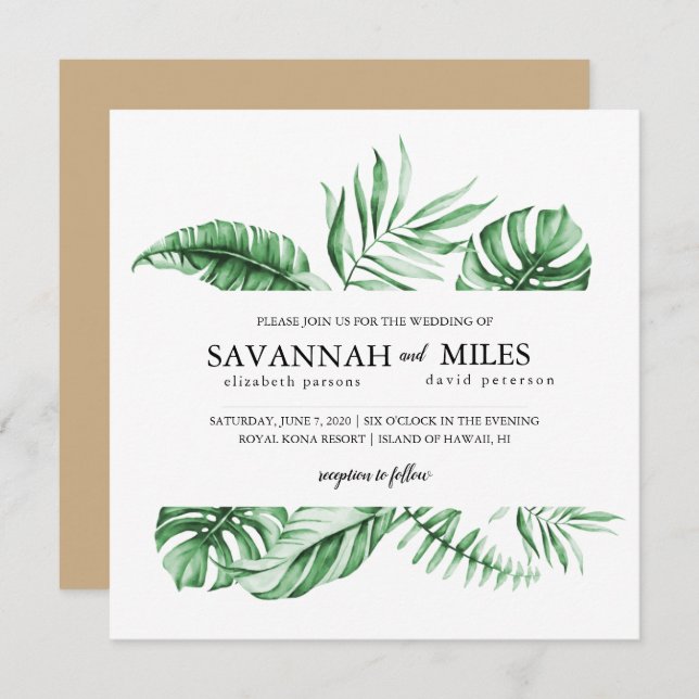 Tropical Green Palm Leaf Border Wedding Invitation (Front/Back)