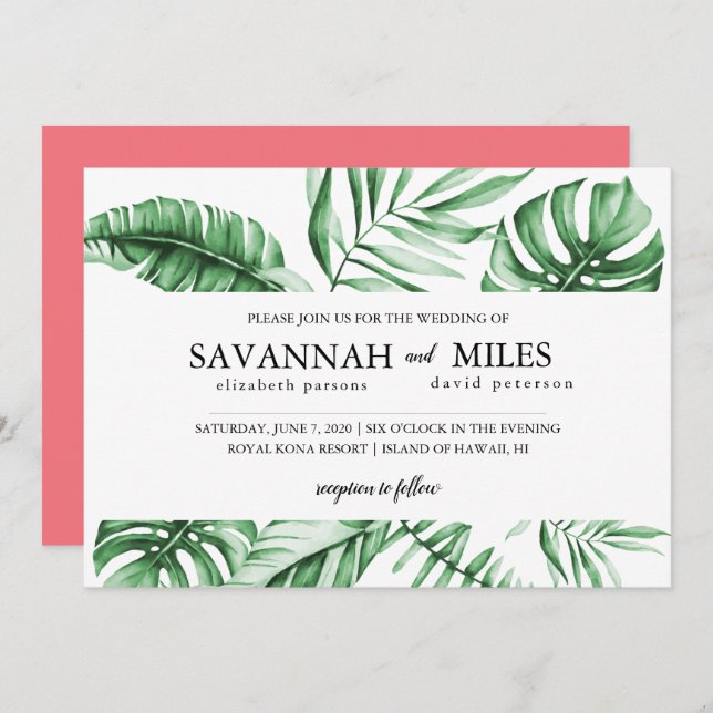 Tropical Green Palm Leaf Border Wedding Invitation (Front/Back)