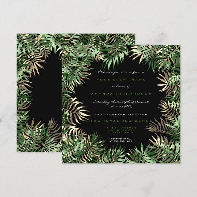Tropical Green Palm Leaf Frame Black Sepia Gold Invitation (Front/Back)