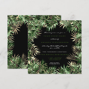 Tropical Green Palm Leaf Frame Black Sepia Gold Invitation