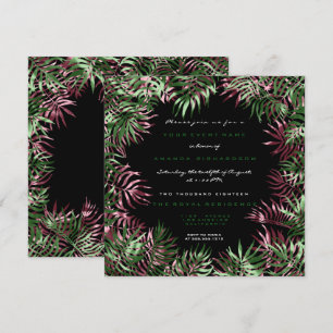 Tropical Green Palm Leaf Frame Black Whit Burgundy Invitation