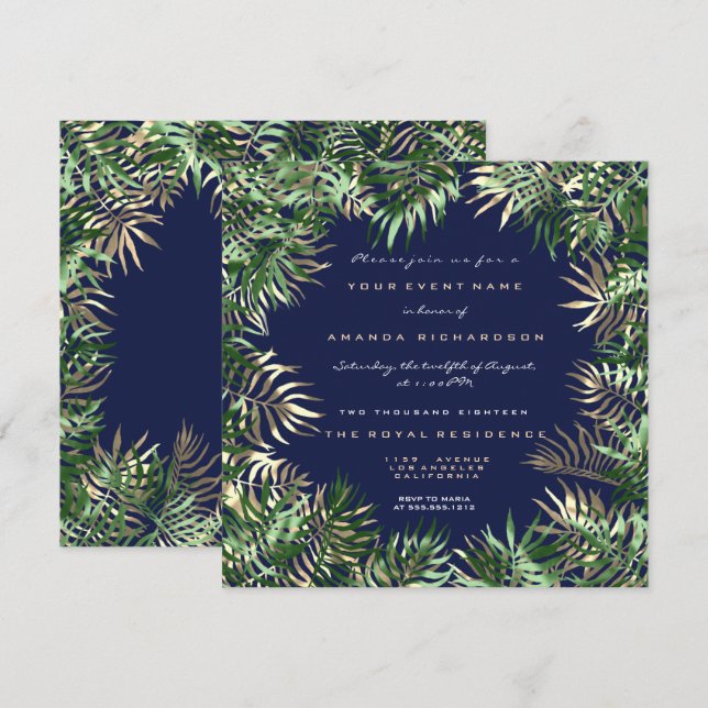 Tropical Green Palm Leaf Frame Blue Nav Sepia Gold Invitation (Front/Back)