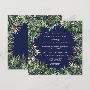 Tropical Green Palm Leaf Frame Blue Nav Sepia Gold Invitation