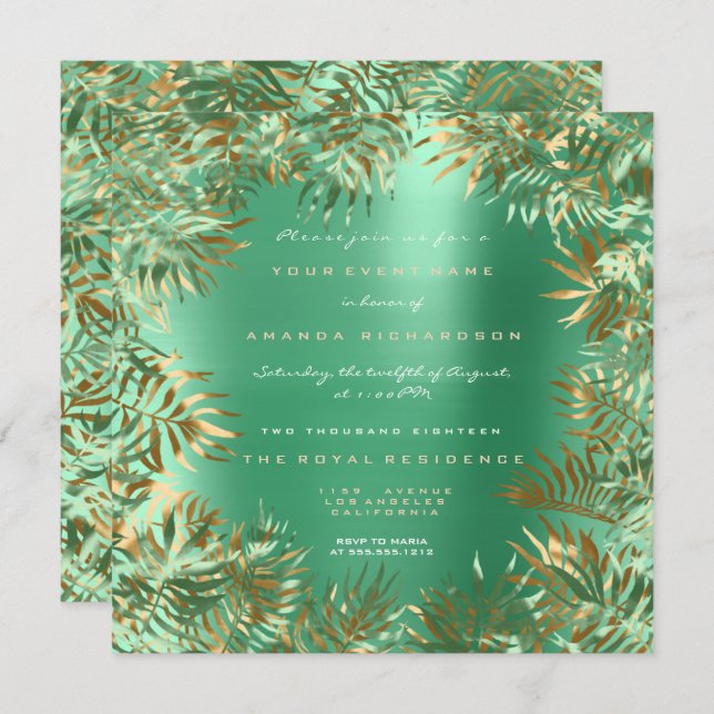 Tropical Green Palm Leaf Frame Metallic Mint Gold Invitation (Front/Back)