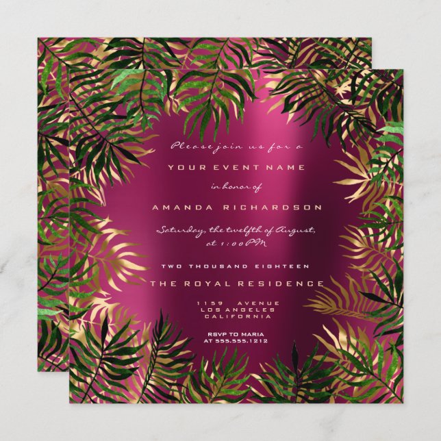 Tropical Green Palm Leaf Frame Raspberry Pink Gold Invitation (Front/Back)