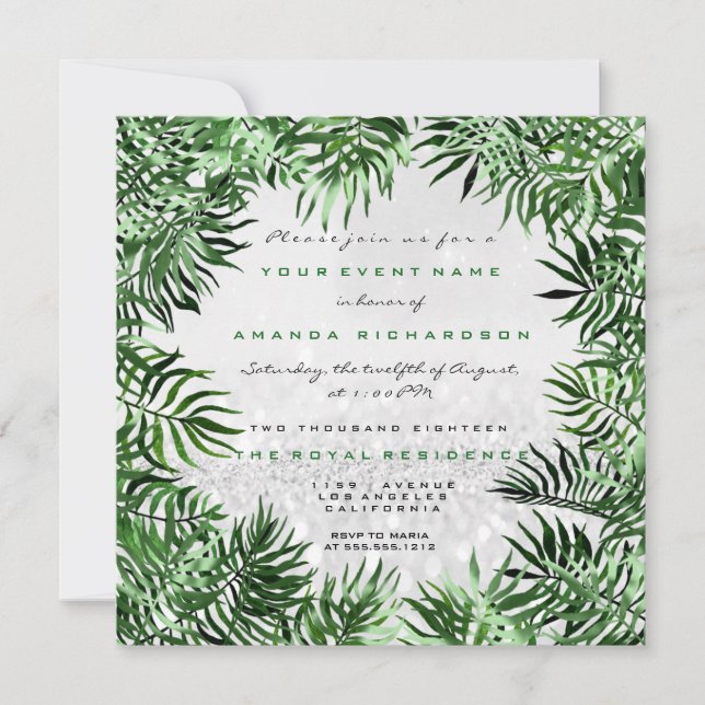 Tropical Green Palm Leaf Frame Silver Glitter Gray Invitation (Front)