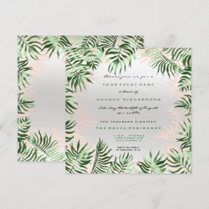 Tropical Green Palm Leaf Frame Silver Gray Pink Invitation