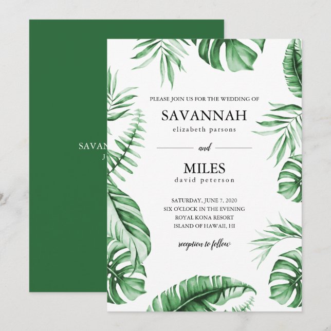 Tropical Green Palm Leaf Frame Wedding Invitation (Front/Back)
