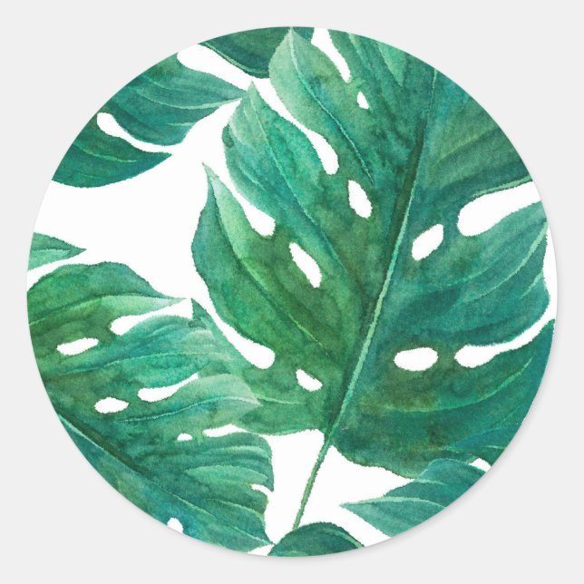 Tropical Green Palm Leaf Hawaiian Summer Wedding Classic Round Sticker (Front)