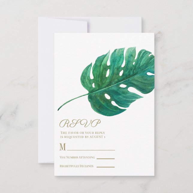 Tropical Green Palm Leaf Hawaiian Wedding RSVP (Front)