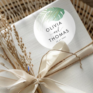 Tropical Green Palm Leaf Wedding Favour Classic Round Sticker