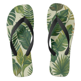Tropical Green Palm Leaves Botanical Pattern Flip Flops
