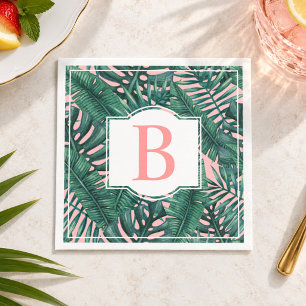 Tropical Green Palm Leaves Coral Monogram Napkin