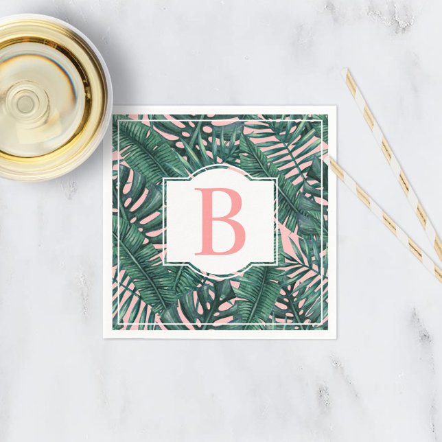 Tropical Green Palm Leaves Coral Monogram Napkin (Creator Uploaded)