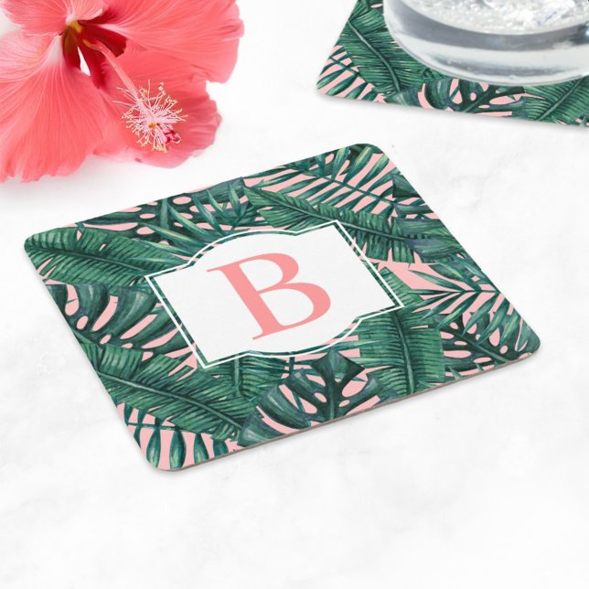 Tropical Green Palm Leaves Coral Monogram Square Paper Coaster (Creator Uploaded)
