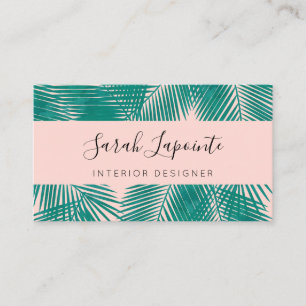 Tropical Green Palm Leaves Elegant Design on Pink Business Card