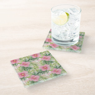 Tropical Green Palm Leaves  Glass Coaster