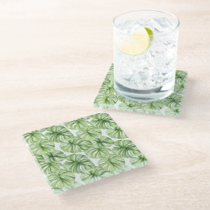 Tropical Green Palm Leaves  Glass Coaster