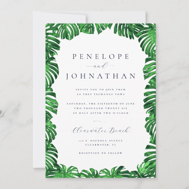 Tropical Green Palm Leaves Modern Wedding Invitation (Front)
