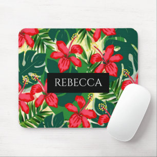Tropical Green Palm Leaves Monogram Colourful Mouse Mat