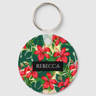 Tropical Green Palm Leaves Monogram Keychain