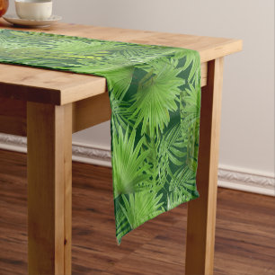 Tropical Green Palm Leaves on Forest Green Short Table Runner