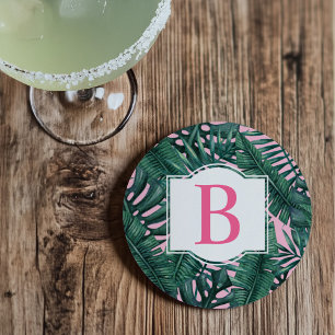 Tropical Green Palm Leaves Pink Monogram Coaster