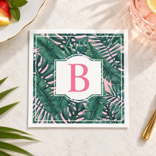 Tropical Green Palm Leaves Pink Monogram Napkin