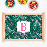 Tropical Green Palm Leaves Pink Monogram Serving Tray<br><div class="desc">Tropical girly style serving tray design features a green palm and monstera leaf pattern of layered fronds with pastel pink background. White decorative frame has a monogram letter in bright hot pink (can be customised) that you can personalise with your last name initial.</div>