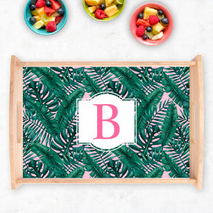 Tropical Green Palm Leaves Pink Monogram Serving Tray
