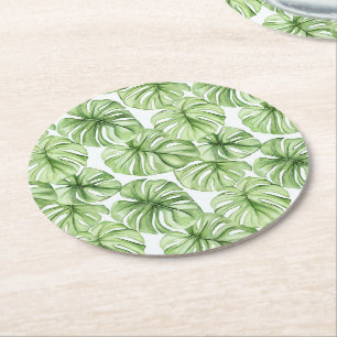 Tropical Green Palm Leaves  Round Paper Coaster