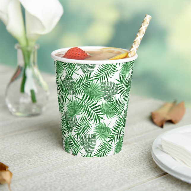 Tropical Green Palm Leaves Summer Art Pattern Paper Cups (Insitu)
